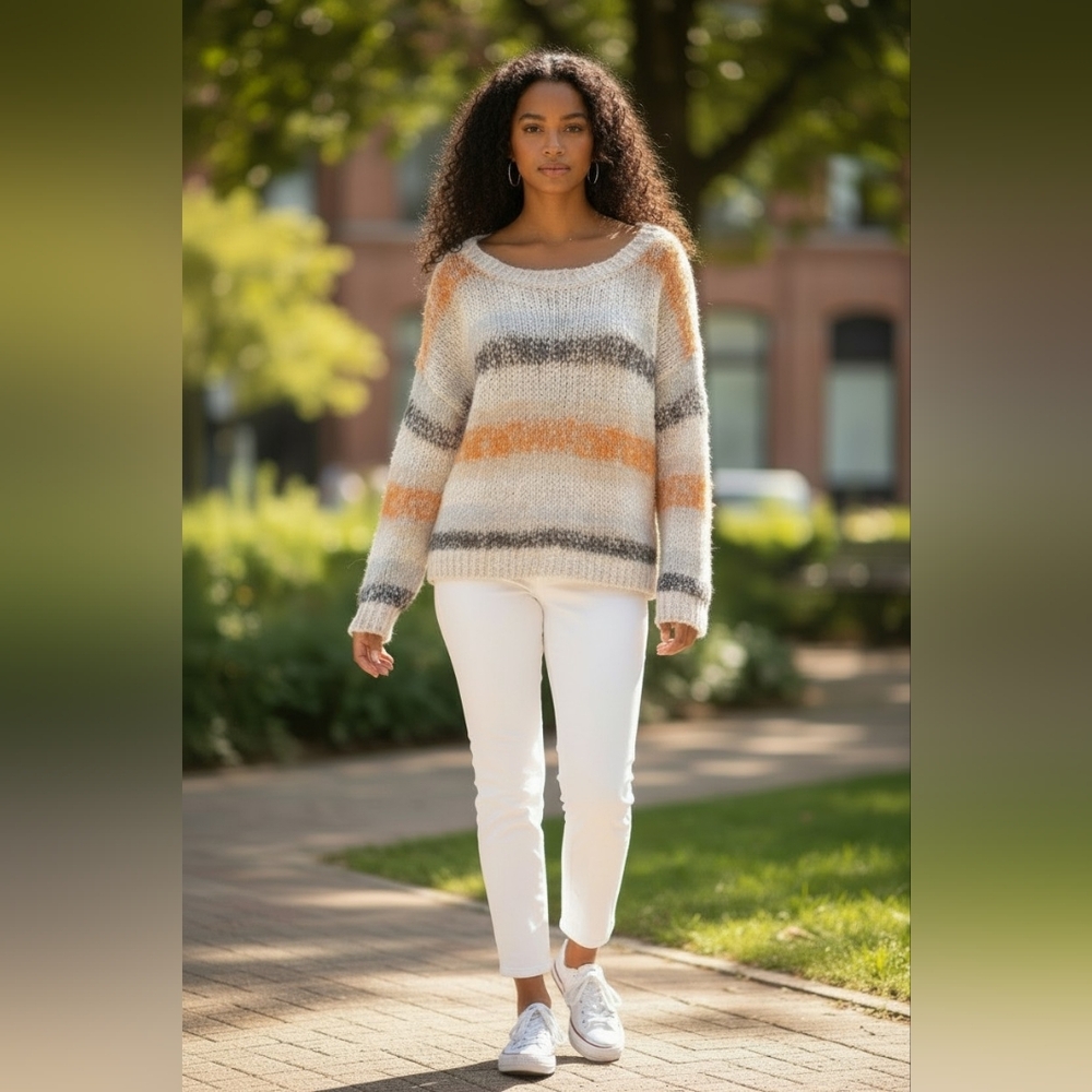 Anthropologie Meadow Rue Striped Scoopneck Sweater in Cream, Gray & Orange